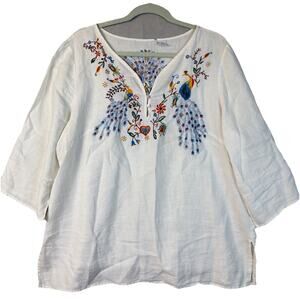 Carole Little Linen Blouse Women's 2XL Floral Embroidery Peacock White Festival